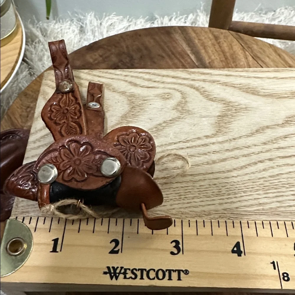 Western Brown‎ Tooled Leather Cowboy Hat & Saddle Christmas Ornaments Set Of 2
